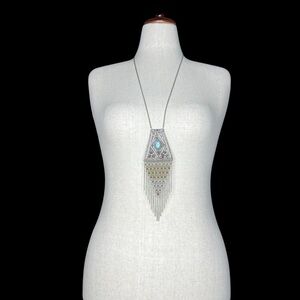 AMERICAN EAGLE Turquoise Silvertone Boho Western  Fringe Chainmail Necklace OS